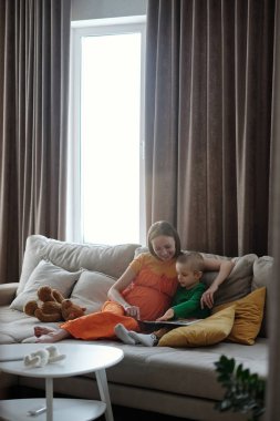 Oturma odasındaki kanepede oğluyla kitap okuyan hamile kadının dikey geniş açılı portresi.