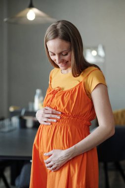 Bebek beklerken karnına bakıp gülümseyen hamile kadının dikey portresi.