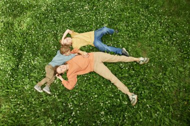 Geniş açılı anne ve iki çocuğun yeşil çimlere uzanmış doğanın tadını çıkarırken, kopyalama alanı