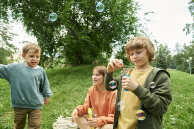 Parkta baloncuk çıkaran genç bir çocuğun portresi. Aile arka planda piknik battaniyesinde dinleniyor, alanı kopyalıyor.