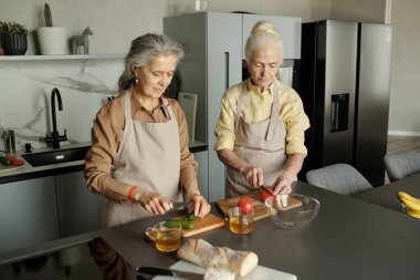 İki yaşlı kadın mutfak tezgahında sebze doğruyor modern aletlerle ve açık renklerle. Muz ve ekmek, minimalist dekoru tamamlamak için.