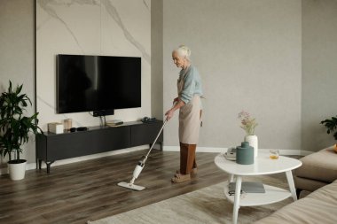 Üst düzey kadın oturma odasını temizliyor, televizyon ve bitkilerin yanında elektrikli süpürge kullanıyor. Açık renkli, televizyon ve kahve masalı modern bir dekor.