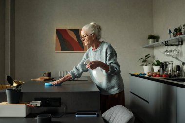 Mutfakta yaşlı bir kadın, doğal ışık sıcak odayı aydınlatırken yemek hazırlamaya konsantre oluyor. Mutfak modern aletlerle donatılmış ve minimalist elementlerle süslenmiş.