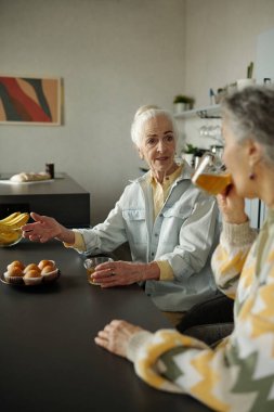 Üst düzey kadınlar, modern bir mutfak ortamında çay ve hamur işlerinden keyif alarak sıcak ve davetkar bir ortam yaratıyorlar. Görünür dekorasyon ve gıda ürünleri mutfak ortamını geliştirir