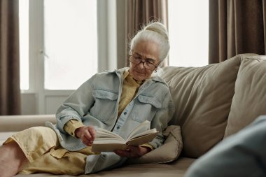 Oturma odasındaki rahat pencerenin yanındaki kanepede oturan yaşlı kadın kitap okuyor. Günlük kıyafetleri ve gözlükleriyle, aktivitelerine dalmış gibi görünüyor.