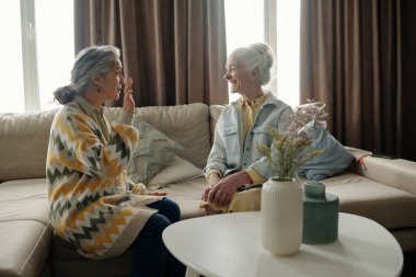 İki yaşlı kadın, güzel ışıklandırılmış oturma odasında rahat bir kanepede otururken sıcak bir sohbete dalıyorlar. İki kadın da gündelik kıyafetlerle, aynı anı paylaşıyorlar.