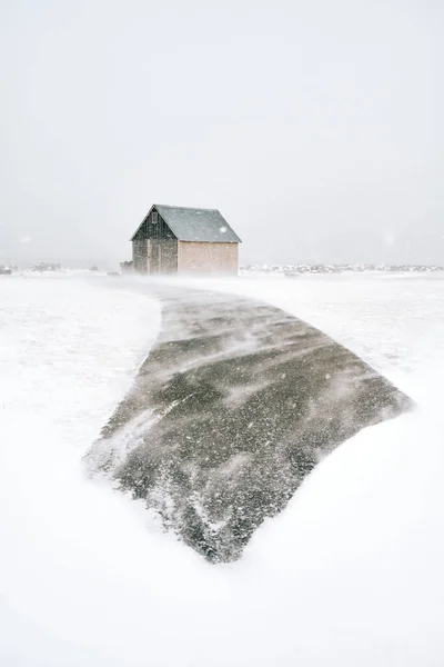 灰色の空に対して冬に凍結湖の雪の海岸に位置する農村住宅の外観 — ストック写真