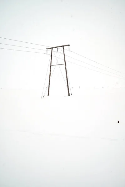 曇りの冬の日に白雪地にある送電線と電線の角度が低い — ストック写真