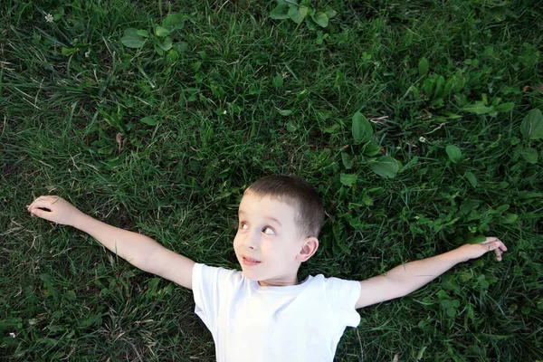 Щасливий Хлопчик Витягнутими Руками Лежить Трав Янистому Полі — стокове фото