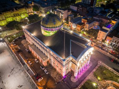 Beautiful aerial view to historic Amazonas Theater building on blue hour in downtown Manaus, Amazonas State, Brazil clipart