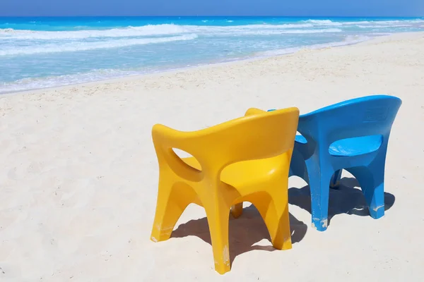 Two Empty Blue Yellow Chairs Paradise Sea Beach Resort Vacation — Stock Photo, Image