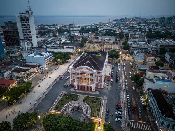 stock image Beautiful aerial view to historic Amazonas Theater building on blue hour in downtown Manaus, Amazonas State, Brazil