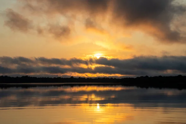 Gyönyörű Kilátás Napfelkelte Felhők Felett Folyó Brazil Amazonas Anavilhanas Amazonas — Stock Fotó