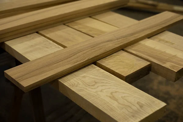 stock image Boards for construction. Joinery. Lots of boards. Wood products. Creation of furniture.