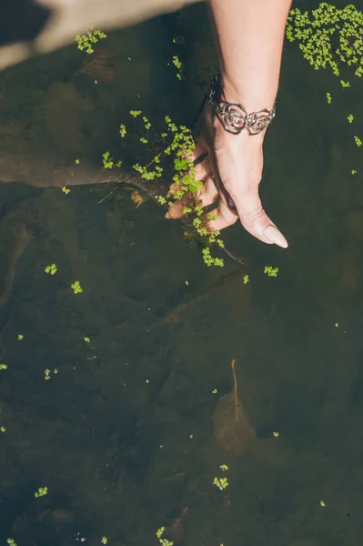 Ręka Bransoletce Dotyka Kaczki Rzece Zielonej Brązowej Wodzie — Zdjęcie stockowe