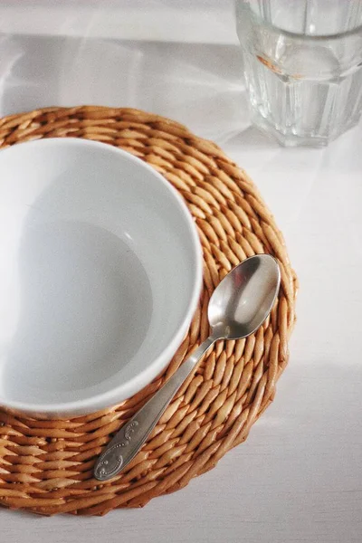 Empty White Bowl Spoon — Stock Photo, Image