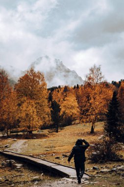 Dağları ve ağaçları olan bir vadide yürüyen tanınmaz bir adam.