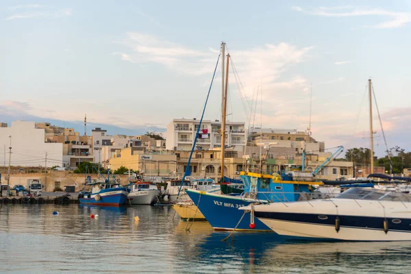 stock image Eyed colorful boats Luzzu in the Harbor  village Marsaxlokk, Malta