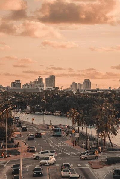 Ville Coucher Soleil Vie Trafic Transport Gratuit Miami Beach — Photo