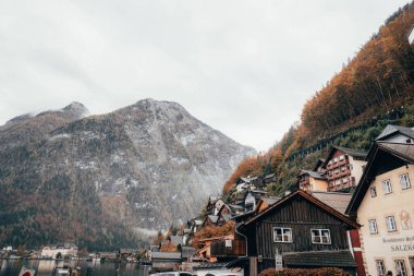 Hallstatt köy evleri dağlara karşı