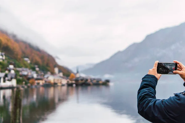 Hands Man Taking Photo Mobile Hallstatt Lake — Stock Photo, Image