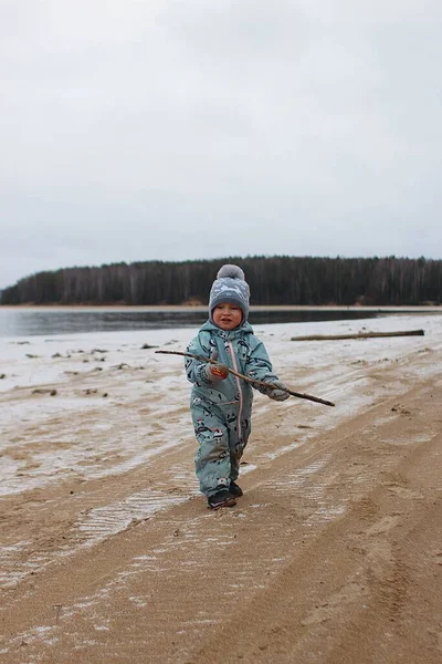 Boy Warm Clothes Holding Stick Beach Autumn — Stock Photo, Image