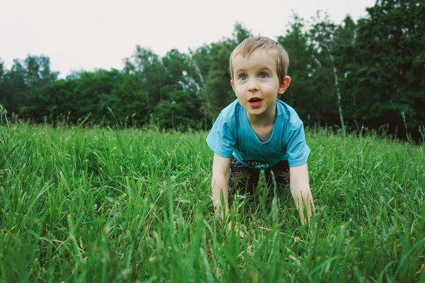 夏天的一天 穿着绿草皮衣服的小男孩感到很惊讶 — 图库照片