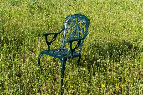 Cadeira Metal Verde Modelada Fica Prado Verde Dia Ensolarado — Fotografia de Stock