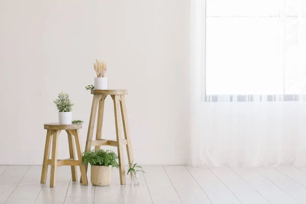 Minimale Wohnung Mit Holzhockern Umgeben Von Zimmerpflanzen — Stockfoto
