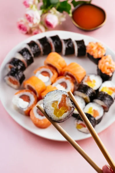 stock image japanese sushi with salmon and props on the table