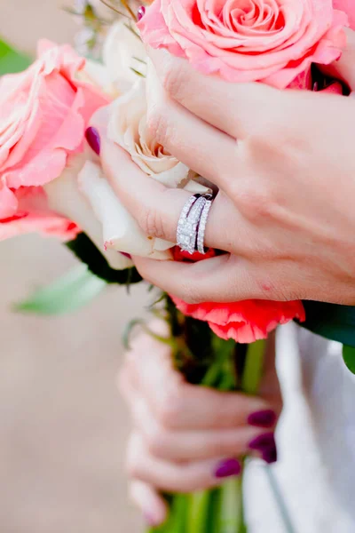 Woman Hands Holding Flowers Bouquet Spring Wedding Bouquet Ring Accents — Stock Photo, Image