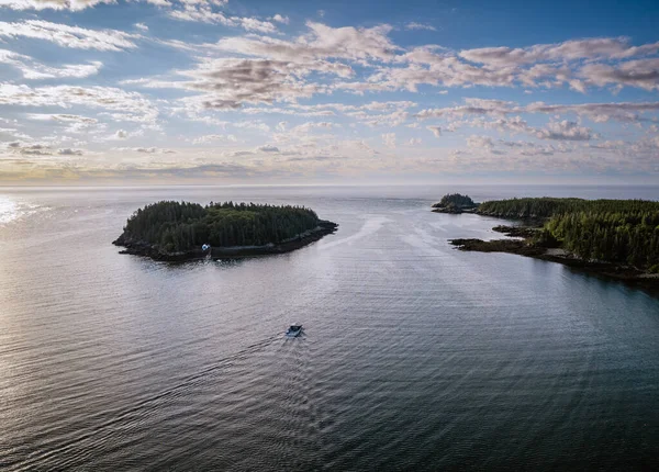 Vista Aérea Del Barco Langosta Rumbo Mar Amanecer Cutler Maine — Foto de Stock