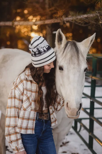 Teen Girl Looking White Horse Sunset — Stock Photo, Image