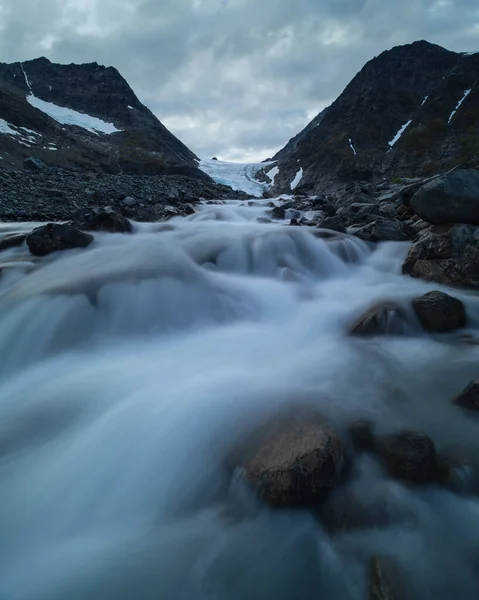 Meltwater Flowing Steindalsbreen Glacier Steindalen Lyngen Alps Troms Finnmark Norway — Stock Photo, Image