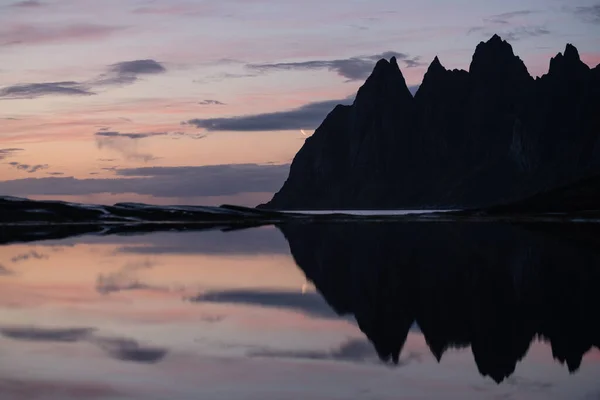 Reflection Okshornan Mountain Peaks Tidal Pool Tungeneset Viewpoint Senja Norway — Stock Photo, Image