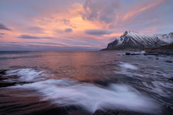 Kuzey Kutup Gecesi Vikten Flakstady Lofoten Adaları Norveç Norveç Boyunca — Stok fotoğraf