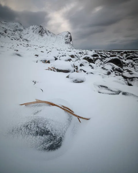 Verschneite Felsküste Strand Von Unstad Vestvgy Lofoten Norwegen — Stockfoto