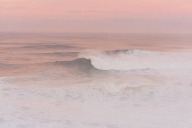 Surfers in the pink ocean at dawn in Nazare clipart