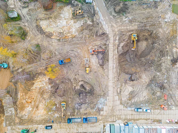 Aerial Photo Excavator Bulldozers Working Construction Sit — Stock Photo, Image