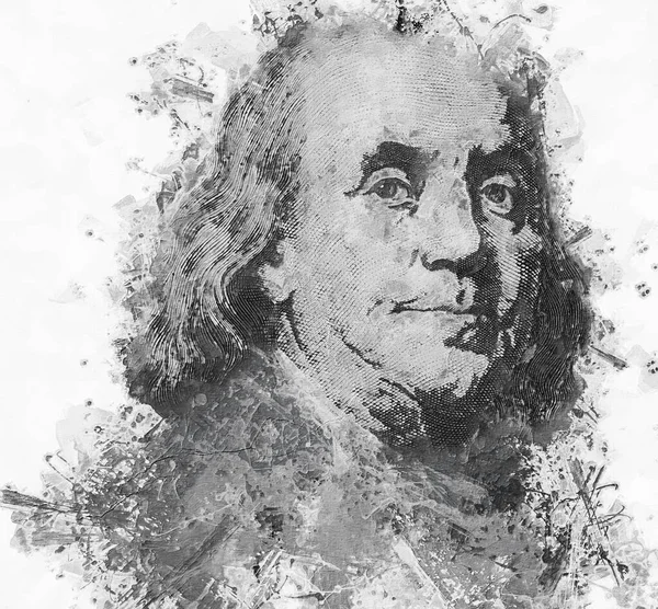 Painting Benjamin Franklin Face One Hundred Dollar Bill Macro Isolated — Stock Photo, Image
