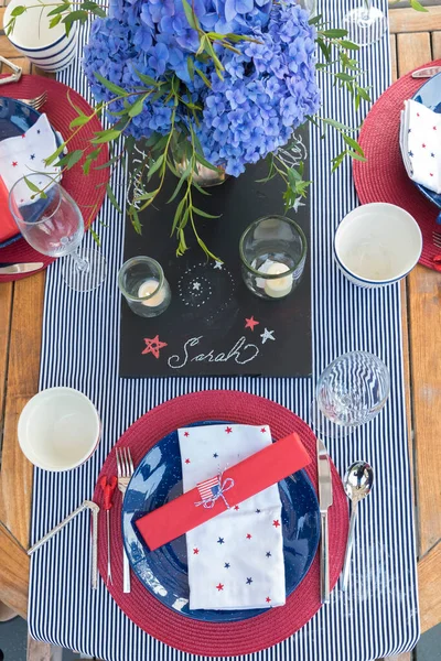 Overhead View Fourth July Party Table Settings — Stock Photo, Image