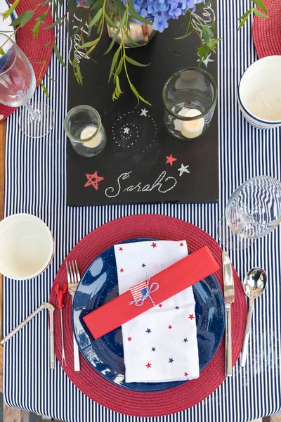 Overhead View Festive Fourth July Party Table Setting — Stockfoto