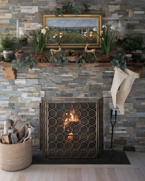 Christmas Mantel Fireplace Decorated Holidays — Stock Photo, Image