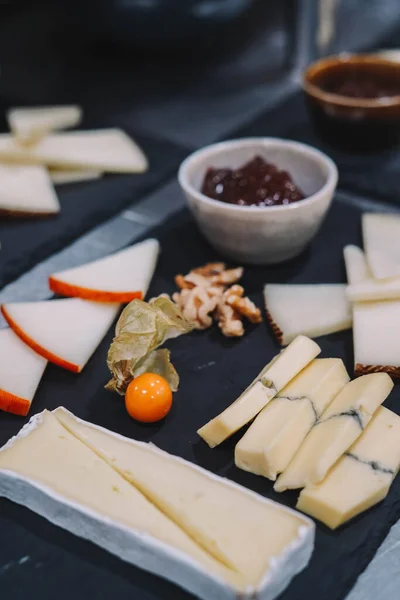 Table Different Types European Cheeses — Stock Photo, Image