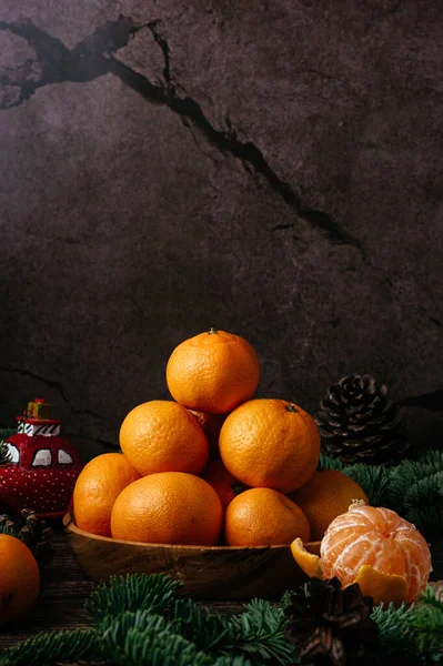 Christmas Image Christmas Peeled Tangerine Mandarins Rustic Background Top View — Foto de Stock