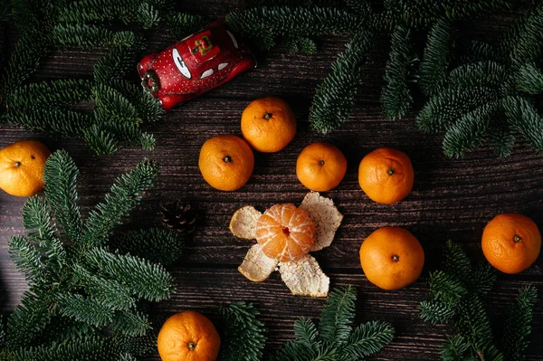 Christmas Image Christmas Peeled Tangerine Mandarins Rustic Background Top View — Foto de Stock