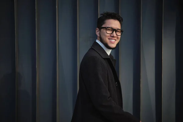 Smiling Asian Guy Glasses Business Suit Walking — Foto Stock
