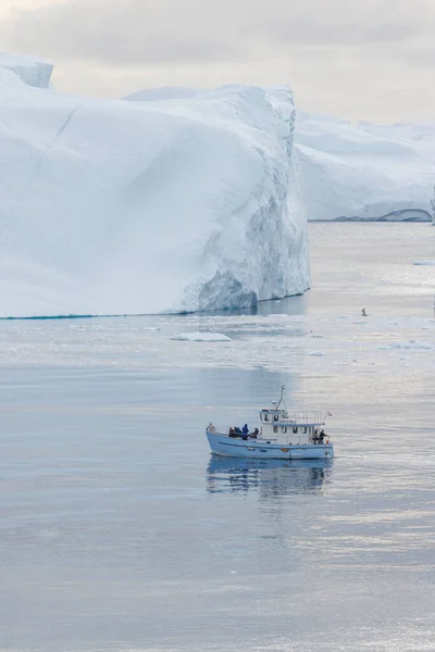 Small Ship Sailing White Icebergs — Stock Photo, Image