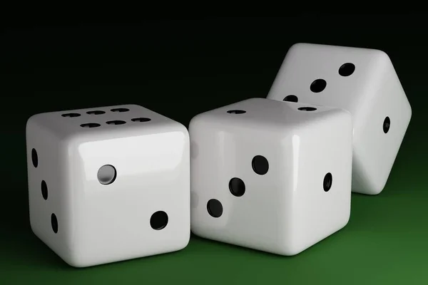 Three White Dices Green Background Render — Foto Stock