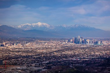 Wide Downtown Los Angeles Snow Peaked Mountains Aerial Photography